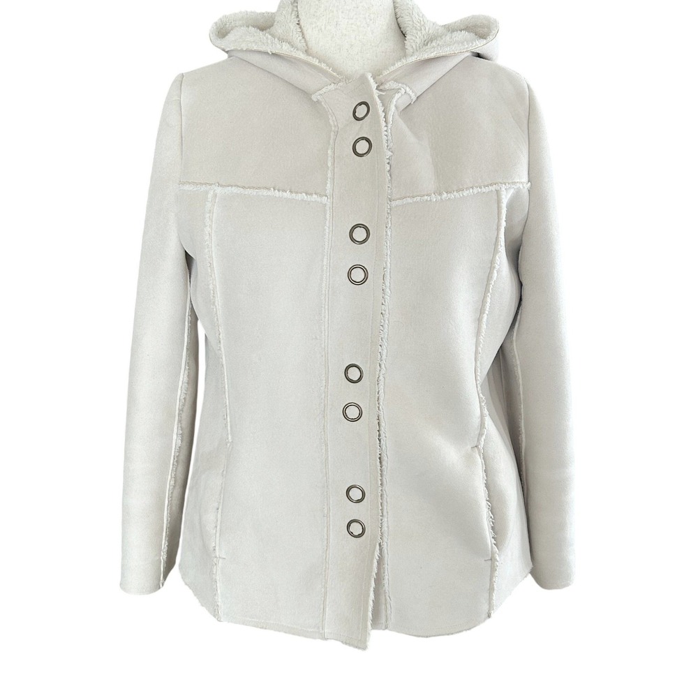 Wms Faux Shearling Hooded Jacket XL Cream Sherpa Lined Boho Minimalist Neutral